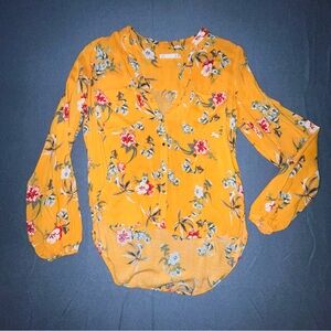 Yellow Floral Long Sleeve Mandarin Collar Blouse‎